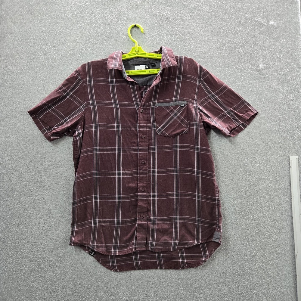 Vans Men Button Up Shirt S Brown Plaid Casual Logo Short Sleeve READ